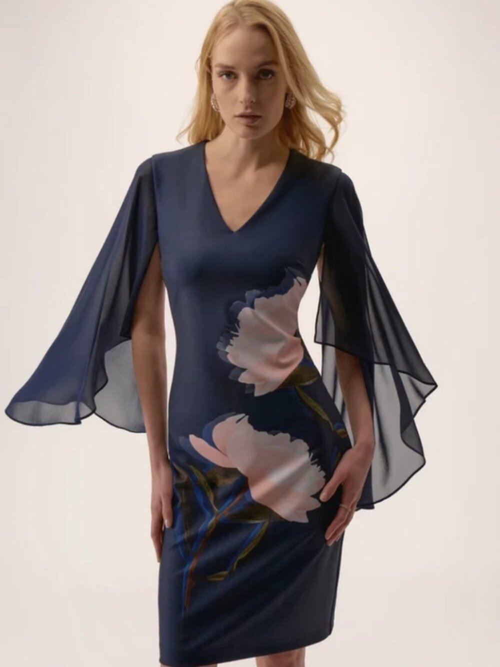 Joseph Ribkoff Navy Floral Cape Sleeve Sheath Dress 8 10